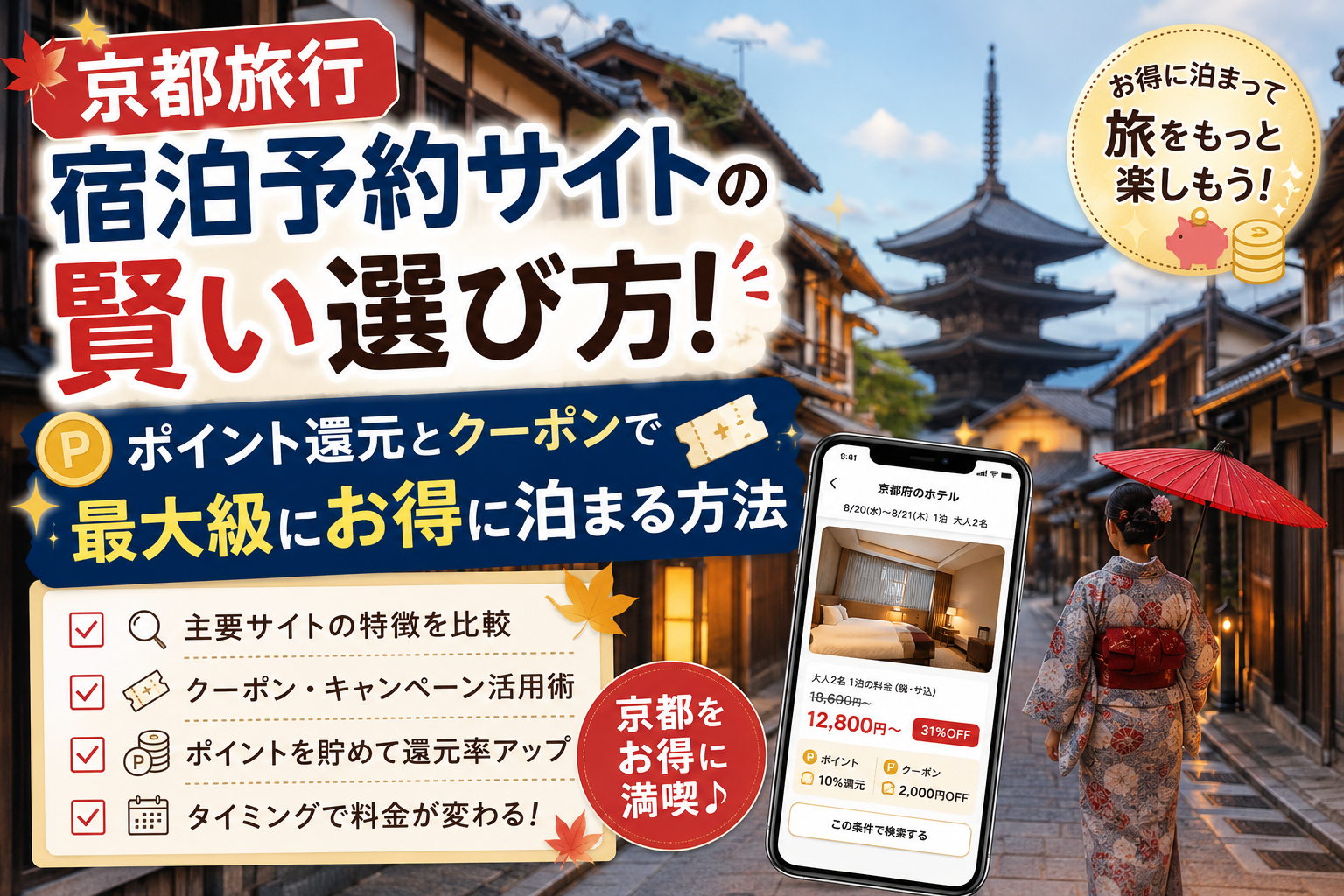 【京都旅行】宿泊予約サイトの賢い選び方！ポイント還元とクーポンで最大級にお得に泊まる方法