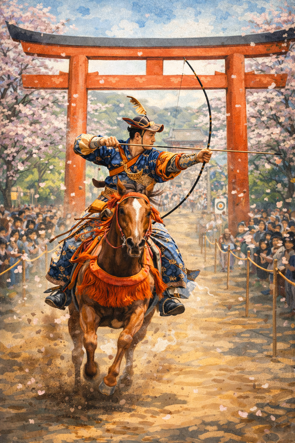 流鏑馬の弓矢と桜の舞